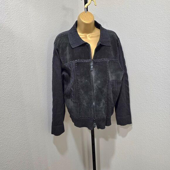 Vtg Suede Leather Sweater Jacket Womens L Black Patchwork Retro 80s Boho Hippie - Picture 1 of 7